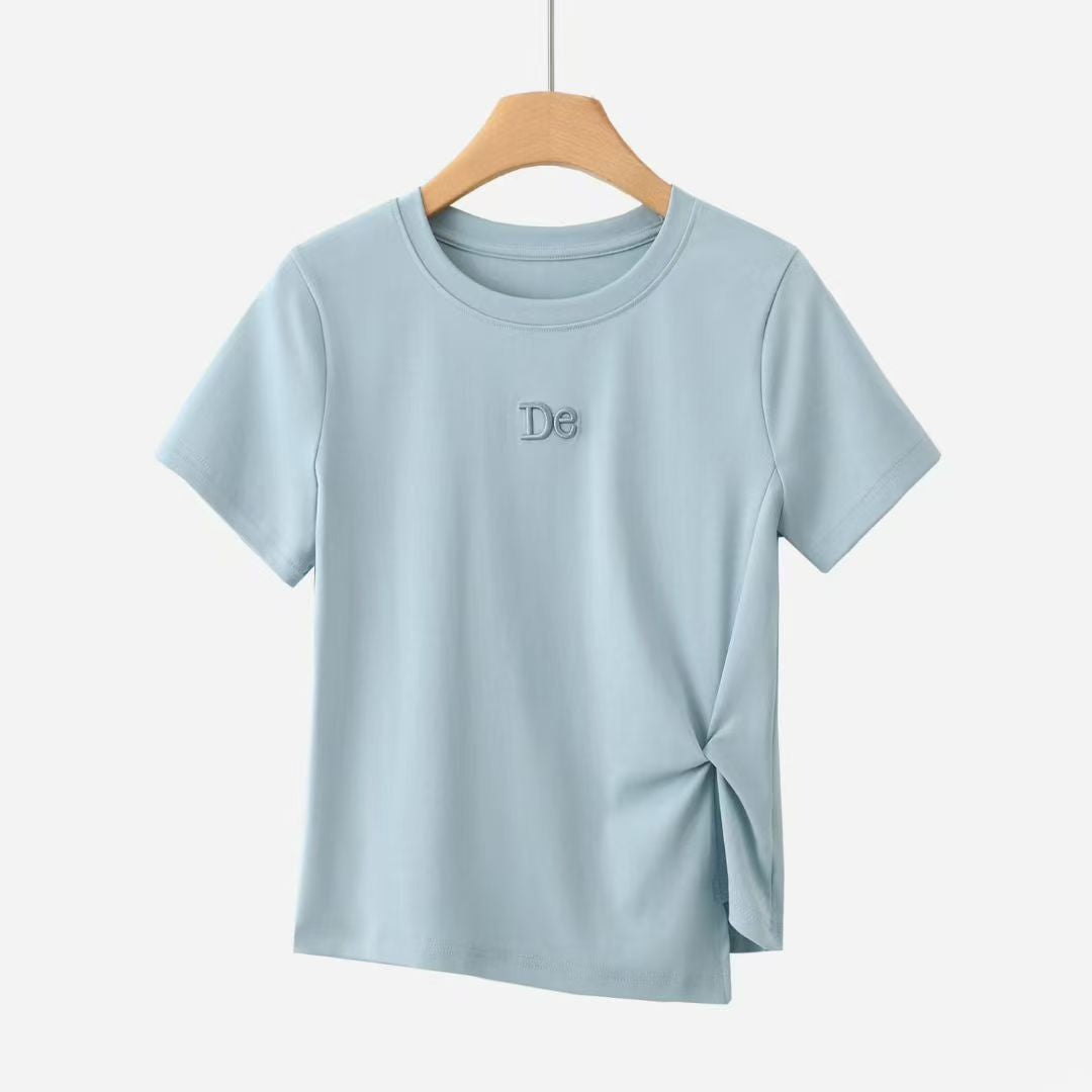 Side Twist Irregular Hem T-Shirt Summer Simple Embroidered Plus Shoulder White T-Shirt Cinched Waist for a Slimming Look