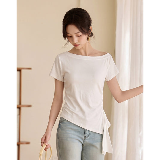 【一文字襟斜め肩リボンTシャツ女】26夏小柄ウエストを丸めて細く見せるデザイン感半袖トップス