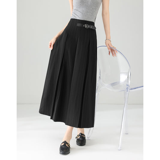 【レトロストライプ半身スカート】26夏の薄手レザーボタンのブレザースカートミディアムハイウエストa字プリーツスカート