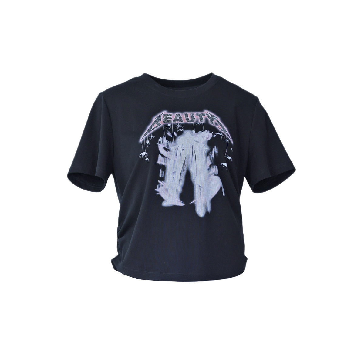 アメリカンレトロ旧プリントグラフィティ黒半袖Tシャツ2026夏ストレートオールインワン着痩せレディーストップス