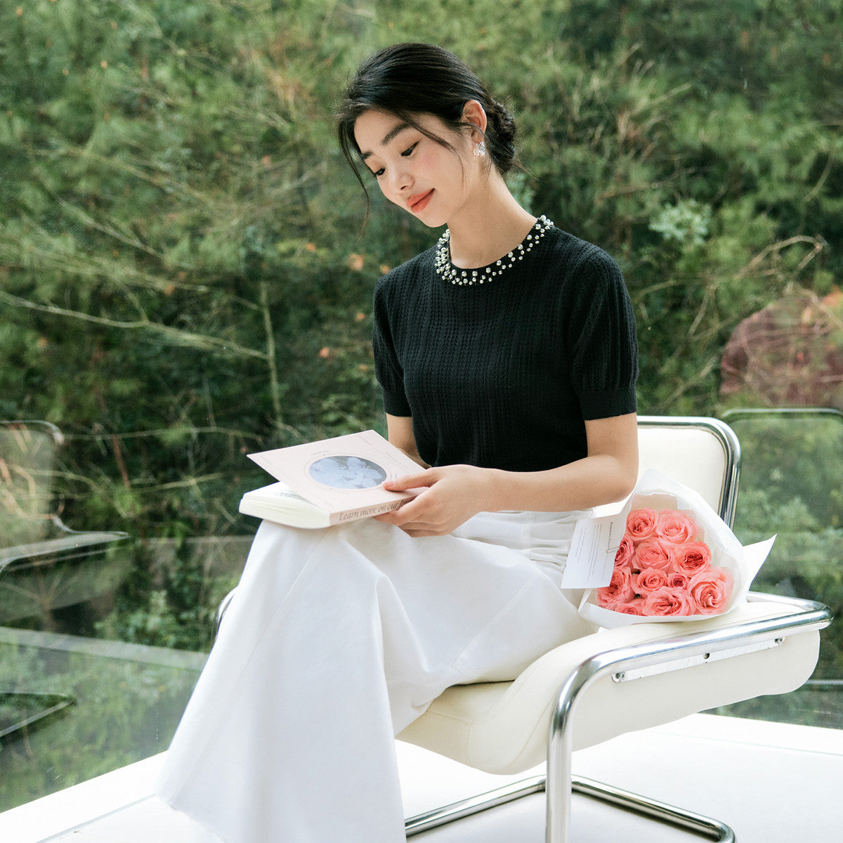 Chanel Style Heavy Industry Pearl Neck Knit Summer Thin Breathable Black Crepe Short Sleeve Atmospheric Top