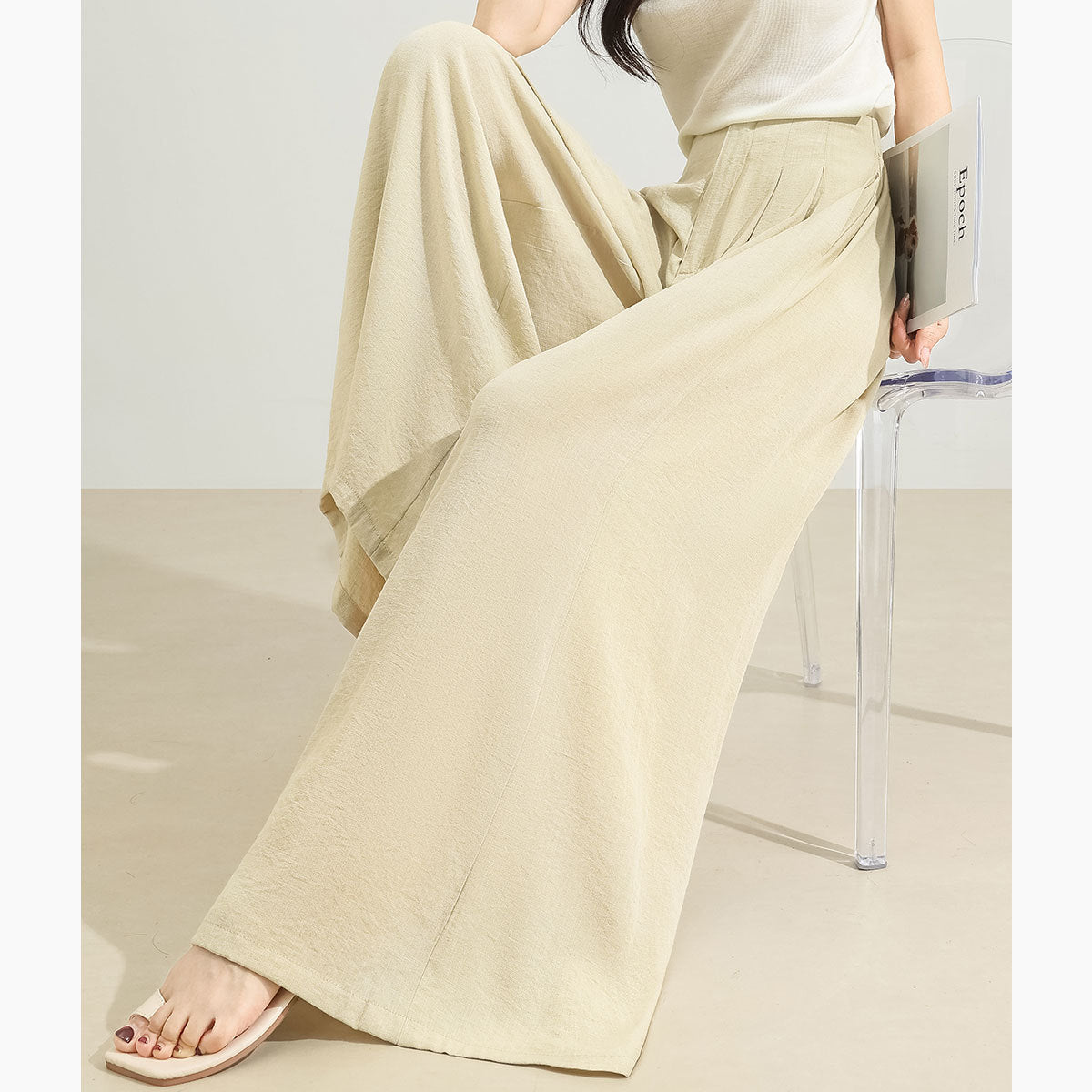 【新型腰垂感肌理ワイドパンツ】26女夏カーキ通気性ゆったりストレートスリムカジュアル