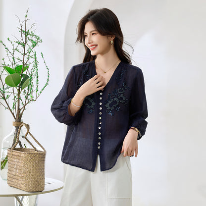 新中国式刺繍風ラミー麻100%生地2026夏ゆったりとした遮肉で赤身のシャツ女性を表現
