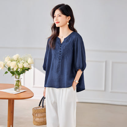 重工業刺繍国風チノジャケットアラマレーセル素材2026夏Vネックデザインゆったり着やせ見えます。