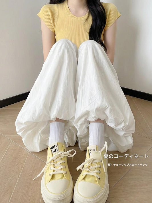 日系のだるい白いキュロットパンツゆったり股間隠しワイドパンツ