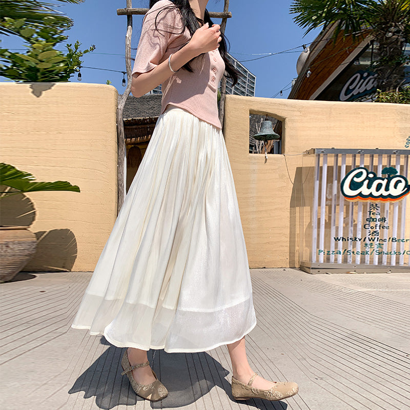 仙気パールプリーツ半身ロングスカート二重ストリーマ大振りハーフスカート