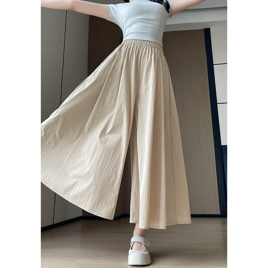 日系綿麻ワイドキュロット女夏のハイウエストゆるウエストウエスト大振り九分パンツ垂れ感ゆったり着やせカジュアル山本パンツ
