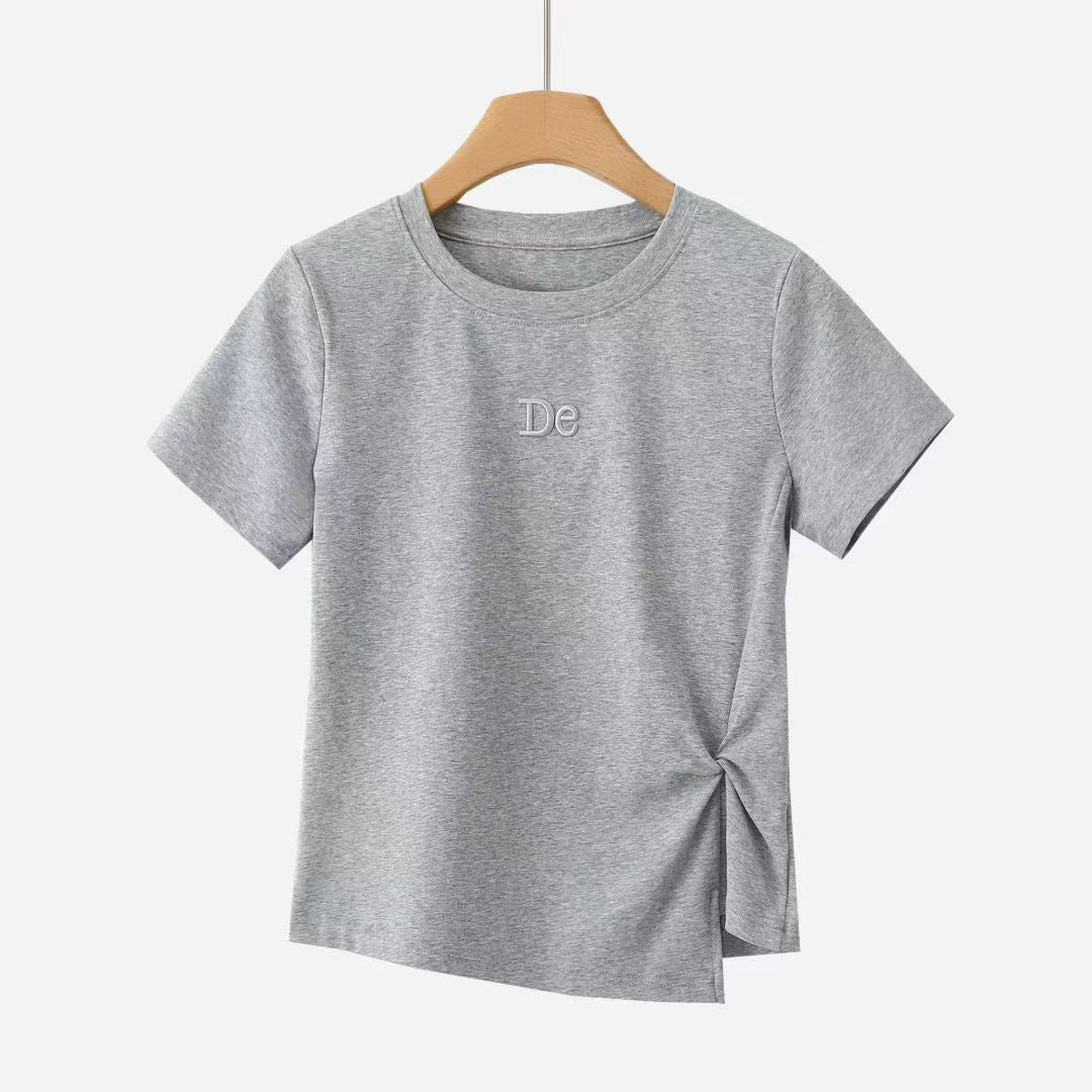 サイドツイスト変則裾Tシャツサマーシンプルな刺繍プラスショルダーホワイトTシャツウエストを収めて細く見せる