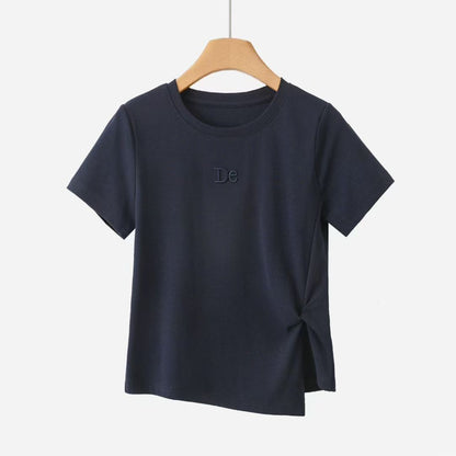 サイドツイスト変則裾Tシャツサマーシンプルな刺繍プラスショルダーホワイトTシャツウエストを収めて細く見せる