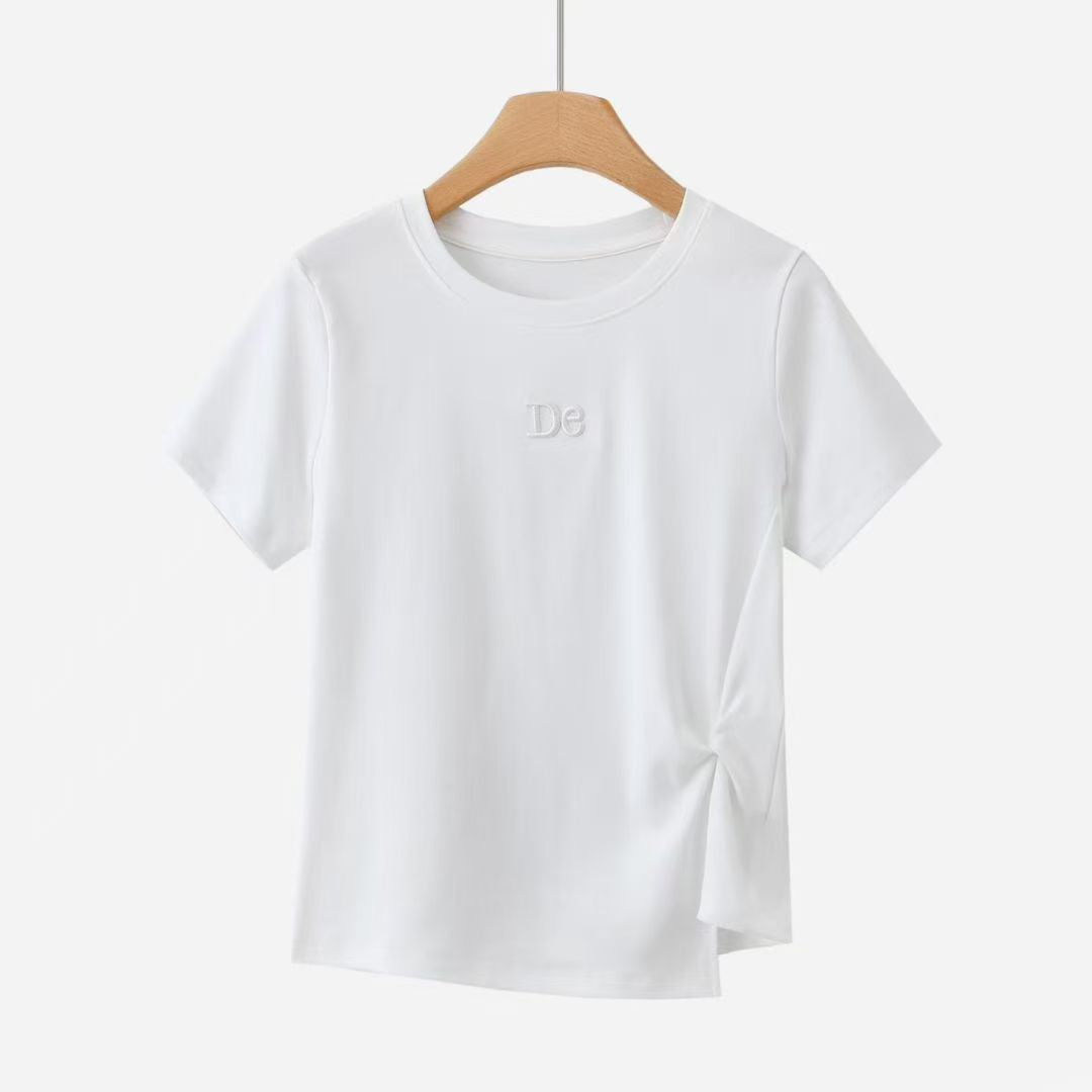 サイドツイスト変則裾Tシャツサマーシンプルな刺繍プラスショルダーホワイトTシャツウエストを収めて細く見せる