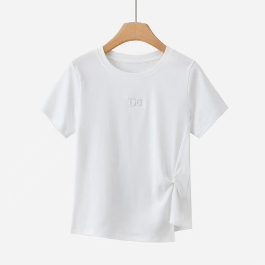 サイドツイスト変則裾Tシャツサマーシンプルな刺繍プラスショルダーホワイトTシャツウエストを収めて細く見せる