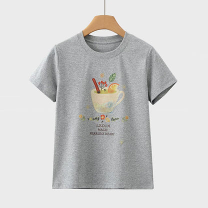 レトロ水彩ティーカッププリント半袖Tシャツ女性夏純綿丸首カジュアル減齢アルファベット百合ベーシックホワイトシャツ