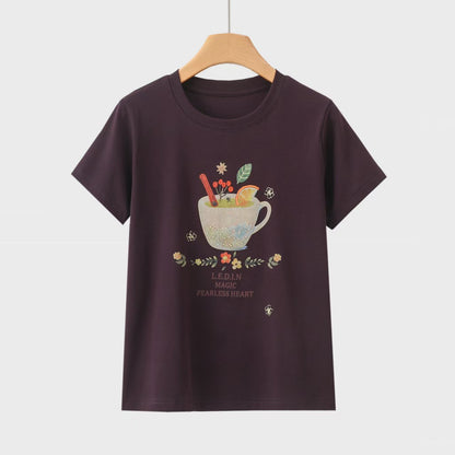 レトロ水彩ティーカッププリント半袖Tシャツ女性夏純綿丸首カジュアル減齢アルファベット百合ベーシックホワイトシャツ