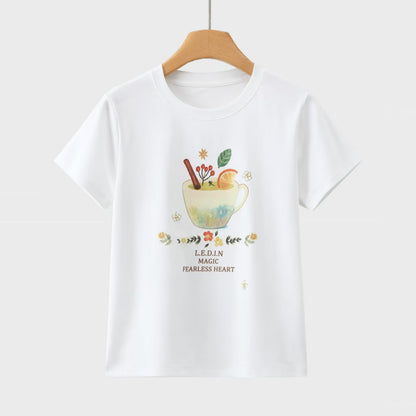 レトロ水彩ティーカッププリント半袖Tシャツ女性夏純綿丸首カジュアル減齢アルファベット百合ベーシックホワイトシャツ