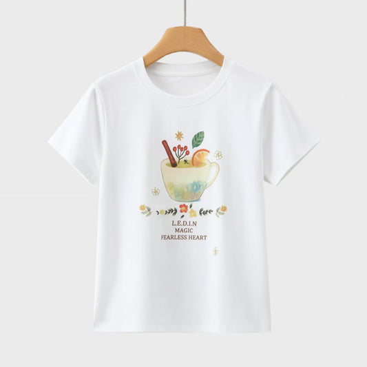 レトロ水彩ティーカッププリント半袖Tシャツ女性夏純綿丸首カジュアル減齢アルファベット百合ベーシックホワイトシャツ