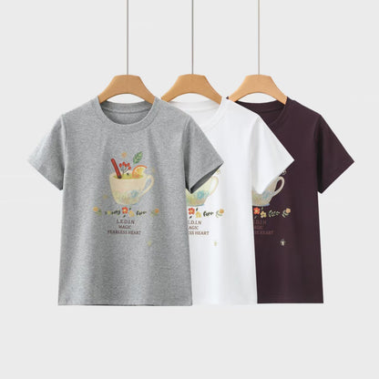 レトロ水彩ティーカッププリント半袖Tシャツ女性夏純綿丸首カジュアル減齢アルファベット百合ベーシックホワイトシャツ