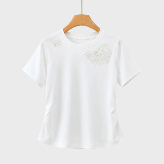 立体釘ビーズ蝶刺繍白半袖Tシャツ女夏ショルダ丸首修身ウエスト丸見えトップス
