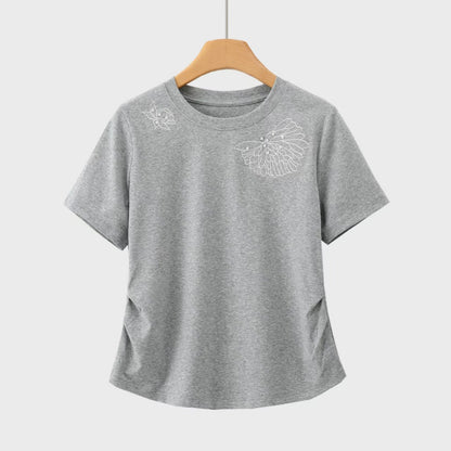 立体釘ビーズ蝶刺繍白半袖Tシャツ女夏ショルダ丸首修身ウエスト丸見えトップス