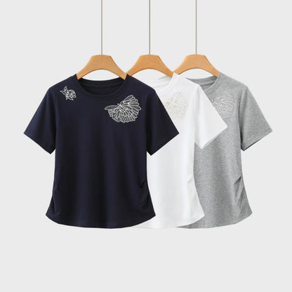 立体釘ビーズ蝶刺繍白半袖Tシャツ女夏ショルダ丸首修身ウエスト丸見えトップス