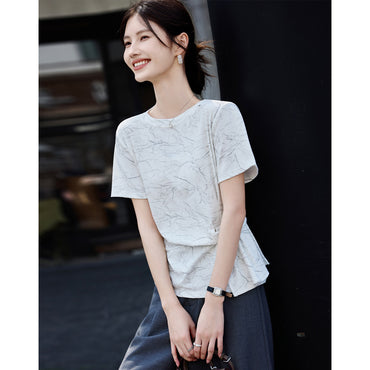 【デザイン感ウエストギャザーTシャツ女】26夏マーブルプリント通勤ミニ半袖トップス