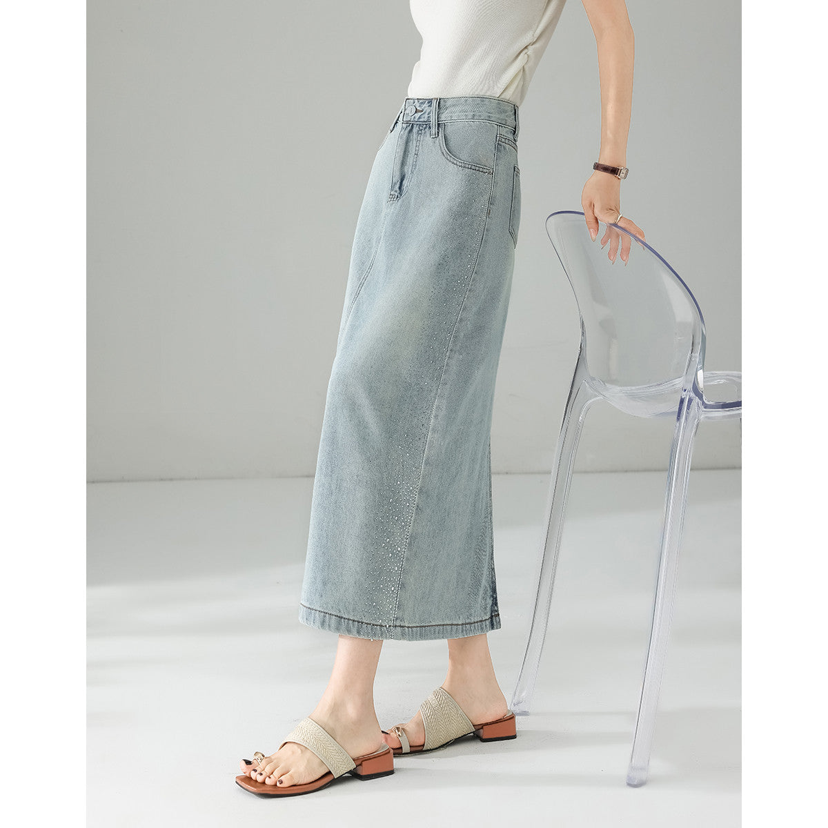 【綿重工業ドリル付きデニム半身スカート女】26夏ハイウエスト着痩せ開きストレートロングスカート