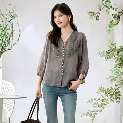 新中国式刺繍風ラミー麻100%生地2026夏ゆったりとした遮肉で赤身のシャツ女性を表現