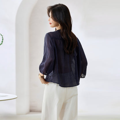 新中国式刺繍風ラミー麻100%生地2026夏ゆったりとした遮肉で赤身のシャツ女性を表現