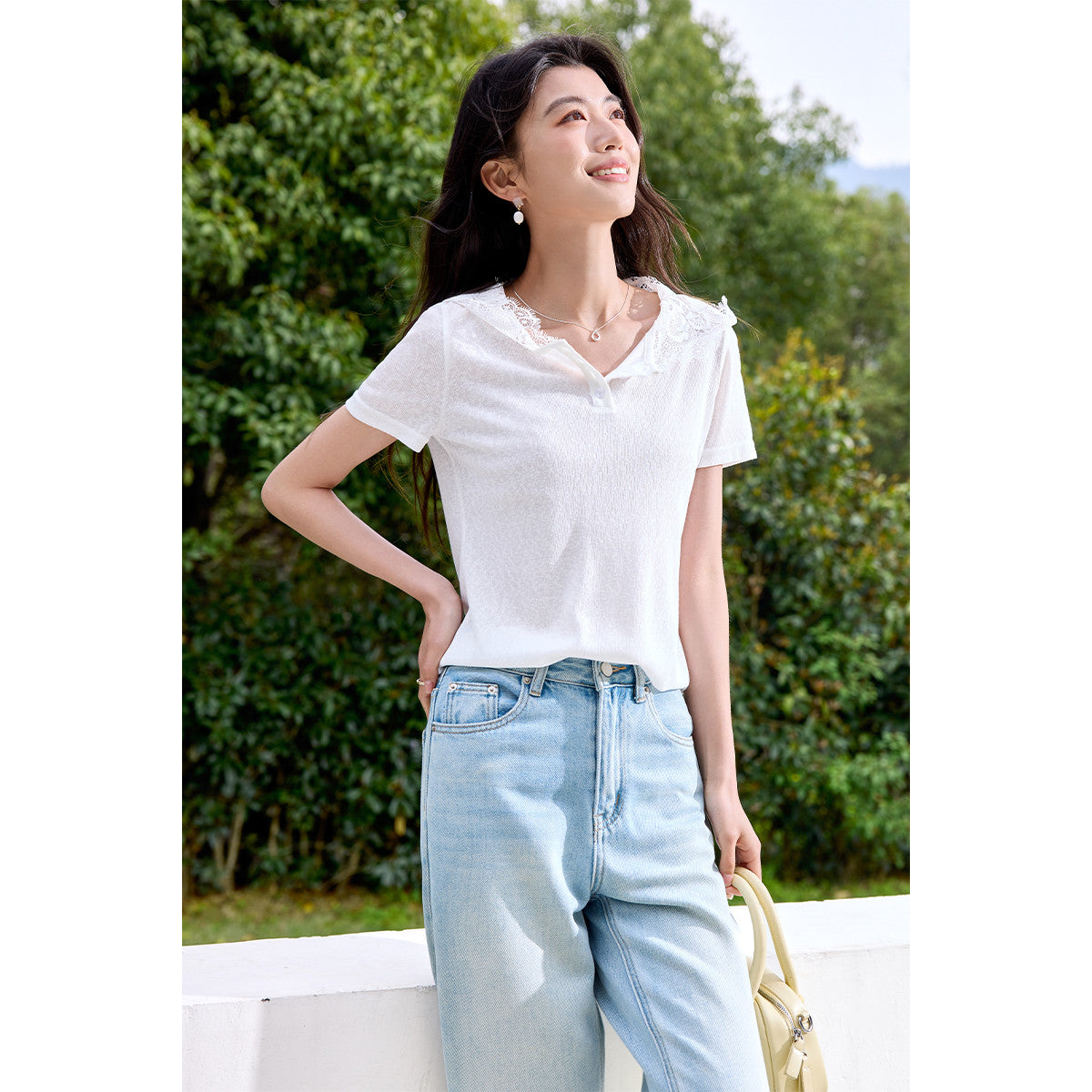 【レースジョイントキャップ半袖Tシャツ】2026夏のおしゃれカジュアルインナーボトムで着やせトップス