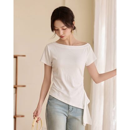 【一文字襟斜め肩リボンTシャツ女】26夏小柄ウエストを丸めて細く見せるデザイン感半袖トップス