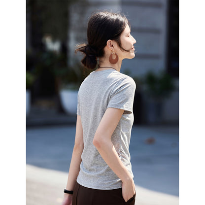 【大Uネック綿混紡100枚重ねTシャツ女】26夏の正肩デザイン感スリムダウンシャツトップス