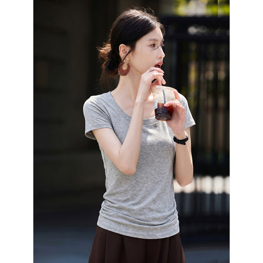 【大Uネック綿混紡100枚重ねTシャツ女】26夏の正肩デザイン感スリムダウンシャツトップス