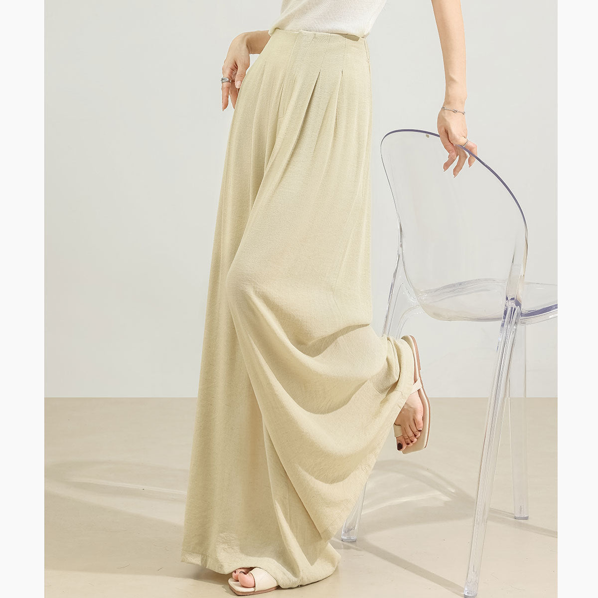 【新型腰垂感肌理ワイドパンツ】26女夏カーキ通気性ゆったりストレートスリムカジュアル