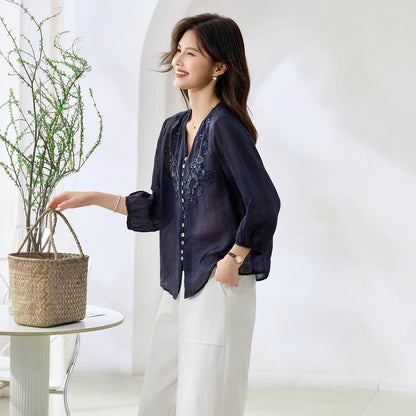 新中国式刺繍風ラミー麻100%生地2026夏ゆったりとした遮肉で赤身のシャツ女性を表現