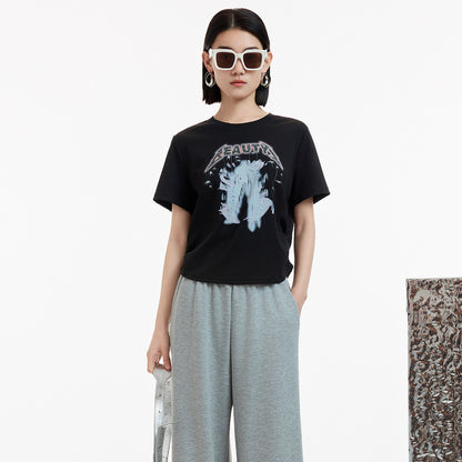 アメリカンレトロ旧プリントグラフィティ黒半袖Tシャツ2026夏ストレートオールインワン着痩せレディーストップス