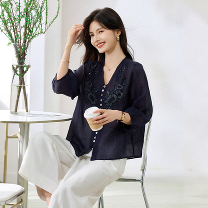 新中国式刺繍風ラミー麻100%生地2026夏ゆったりとした遮肉で赤身のシャツ女性を表現