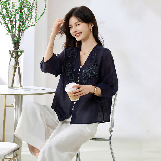 新中国式刺繍風ラミー麻100%生地2026夏ゆったりとした遮肉で赤身のシャツ女性を表現