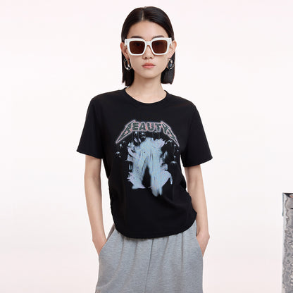 アメリカンレトロ旧プリントグラフィティ黒半袖Tシャツ2026夏ストレートオールインワン着痩せレディーストップス