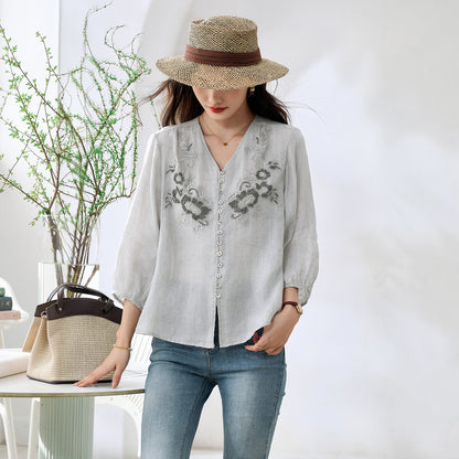 新中国式刺繍風ラミー麻100%生地2026夏ゆったりとした遮肉で赤身のシャツ女性を表現