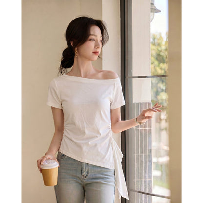 【一文字襟斜め肩リボンTシャツ女】26夏小柄ウエストを丸めて細く見せるデザイン感半袖トップス
