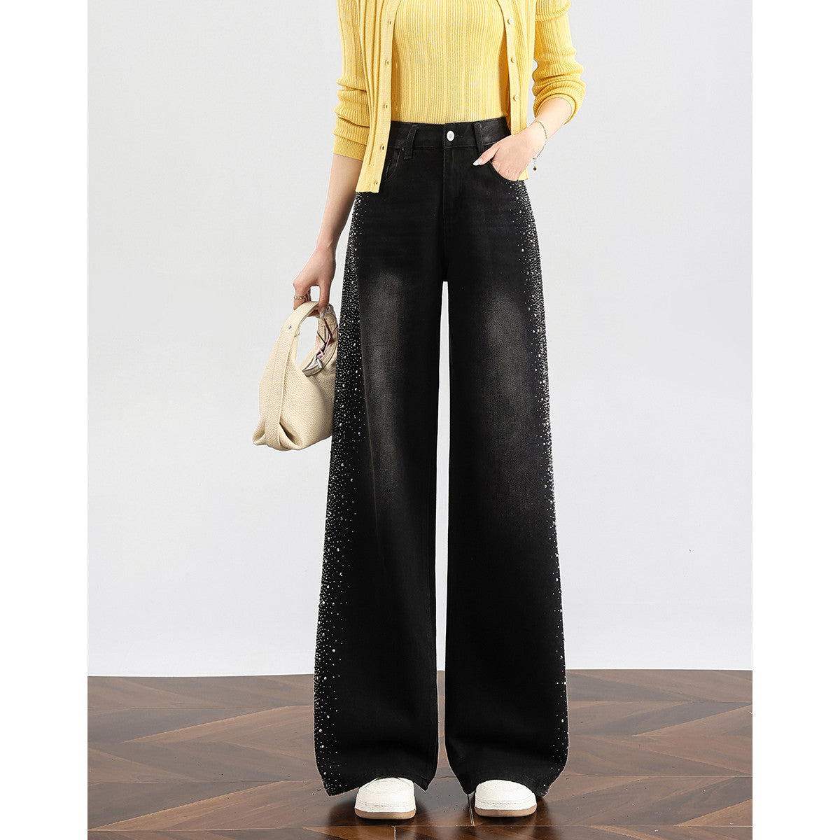 【満天星キラキラワイドデニム】26夏秋ゆったりハイウエストスリムストレートロングパンツ