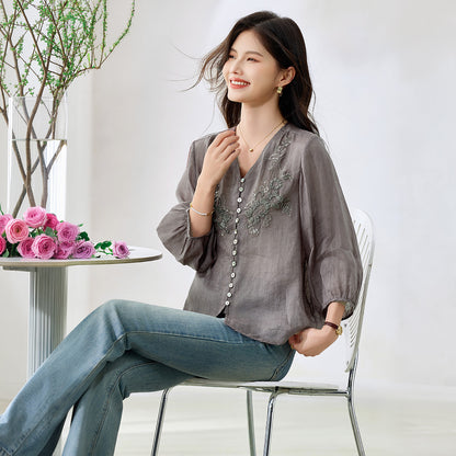 新中国式刺繍風ラミー麻100%生地2026夏ゆったりとした遮肉で赤身のシャツ女性を表現
