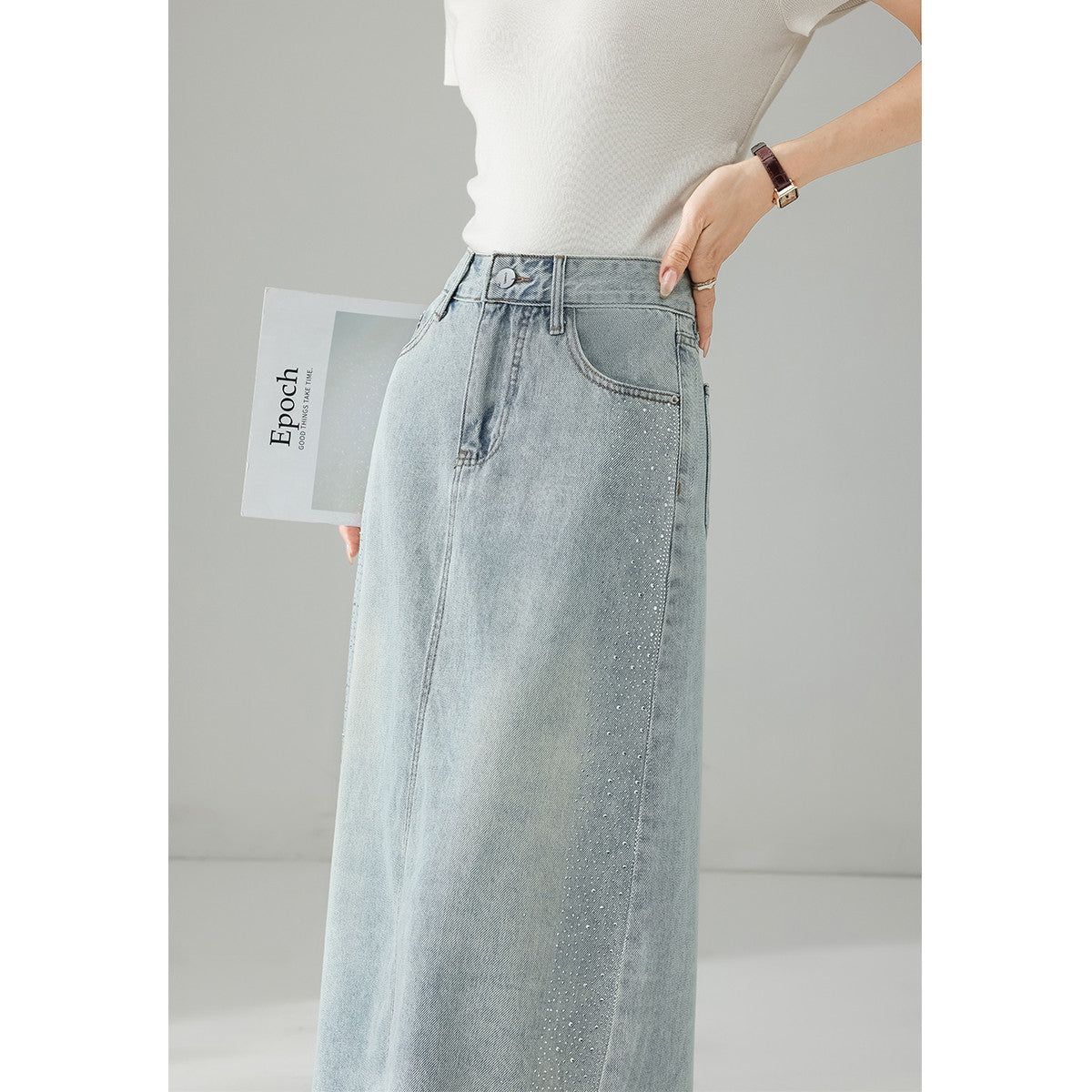 【綿重工業ドリル付きデニム半身スカート女】26夏ハイウエスト着痩せ開きストレートロングスカート
